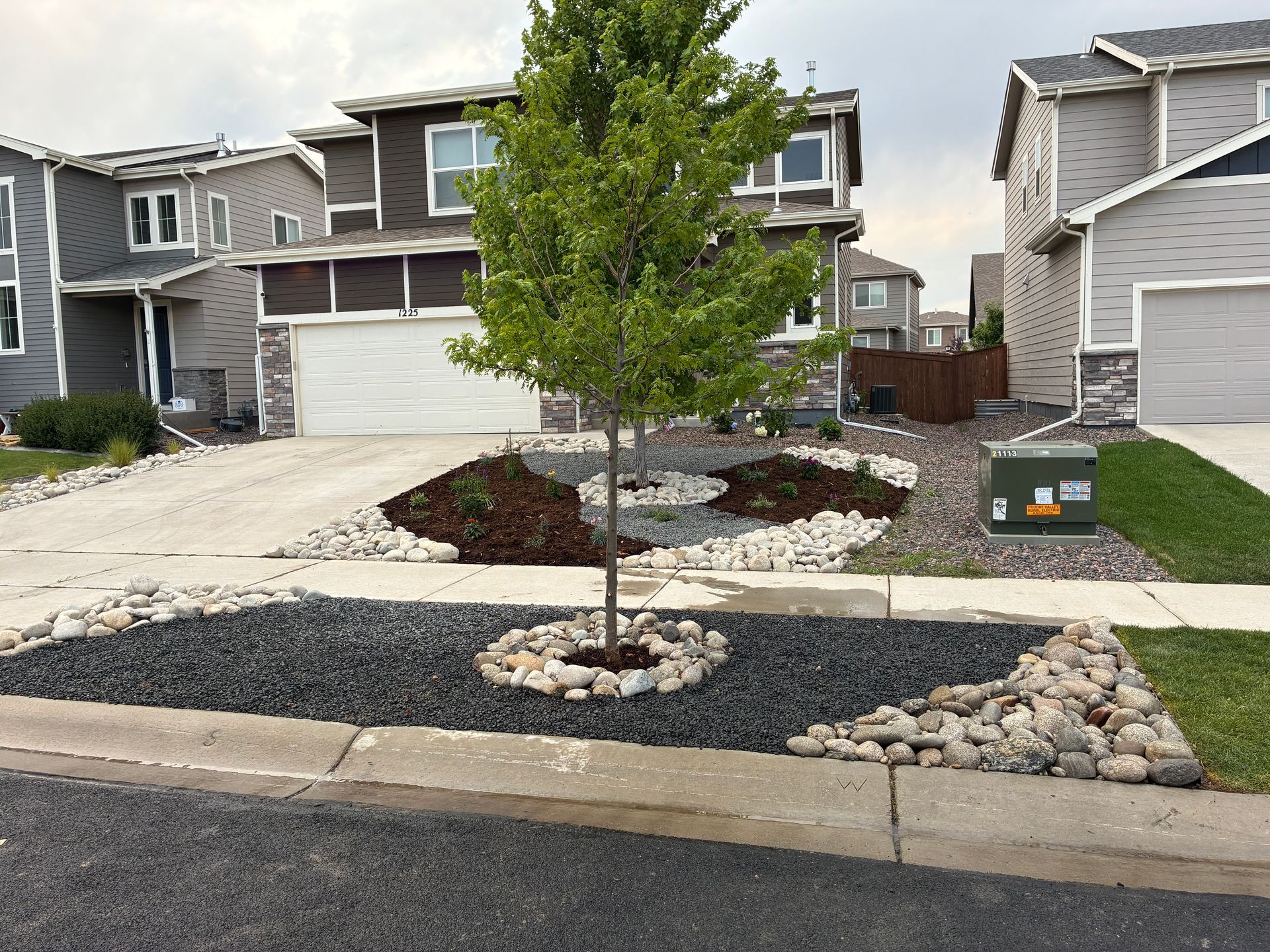 Landscaped backyard with mulch, stone path, and small plants.
