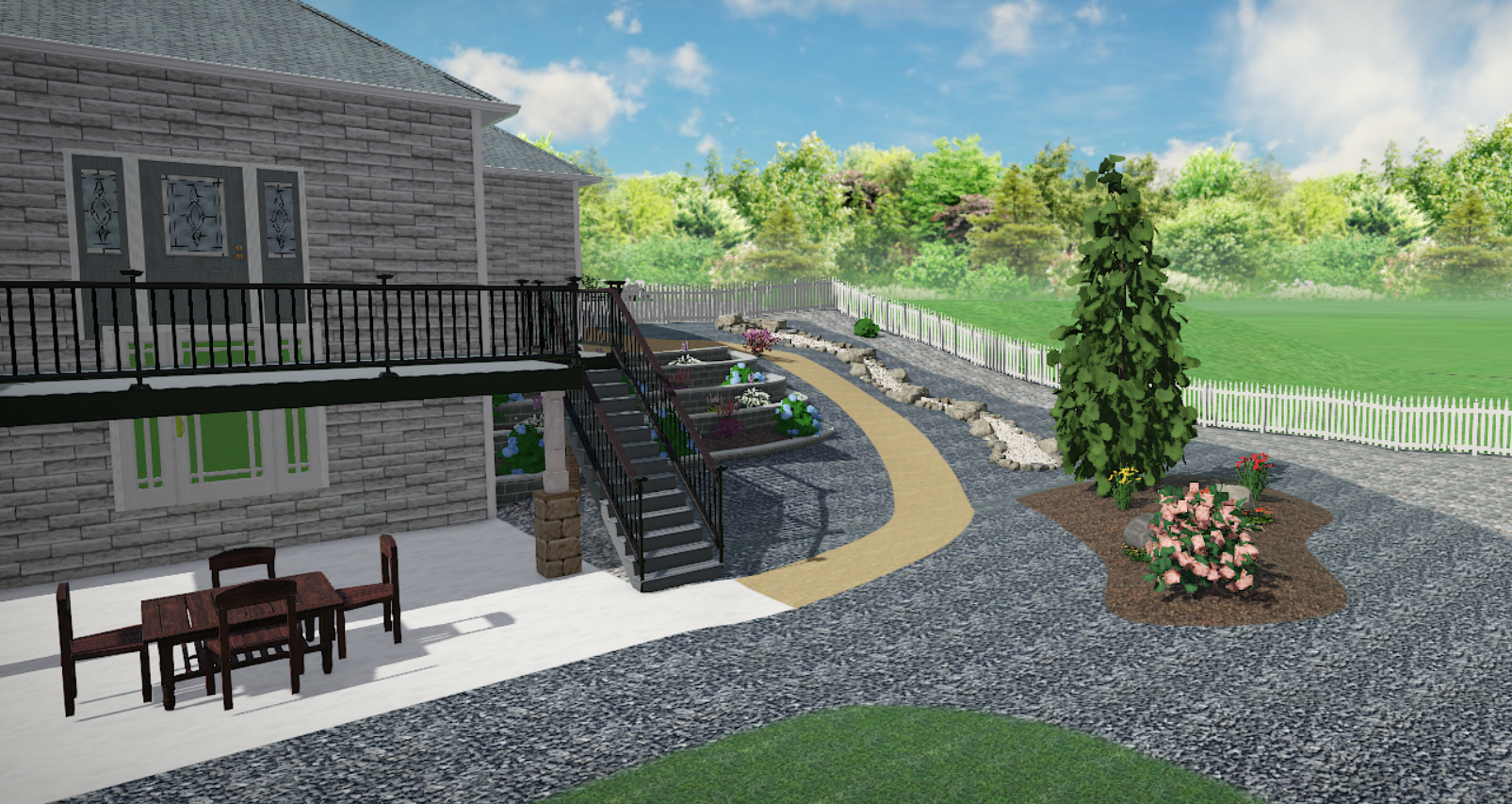 House with blue siding, gray roof, lawn, landscaping, and a driveway.