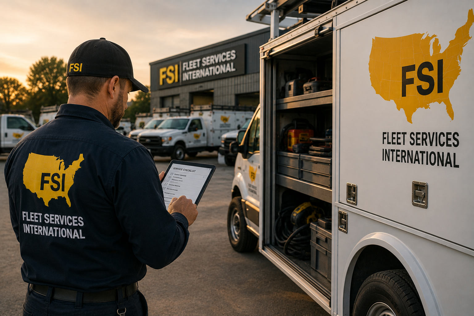 FSI technician reading a clipboard beside a service truck with open compartments at sunset