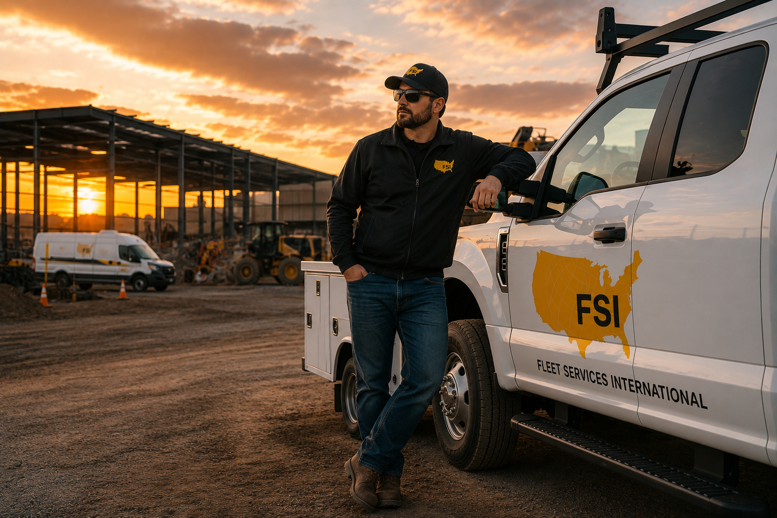 Worker leaning on white FSI van at construction site during sunset
