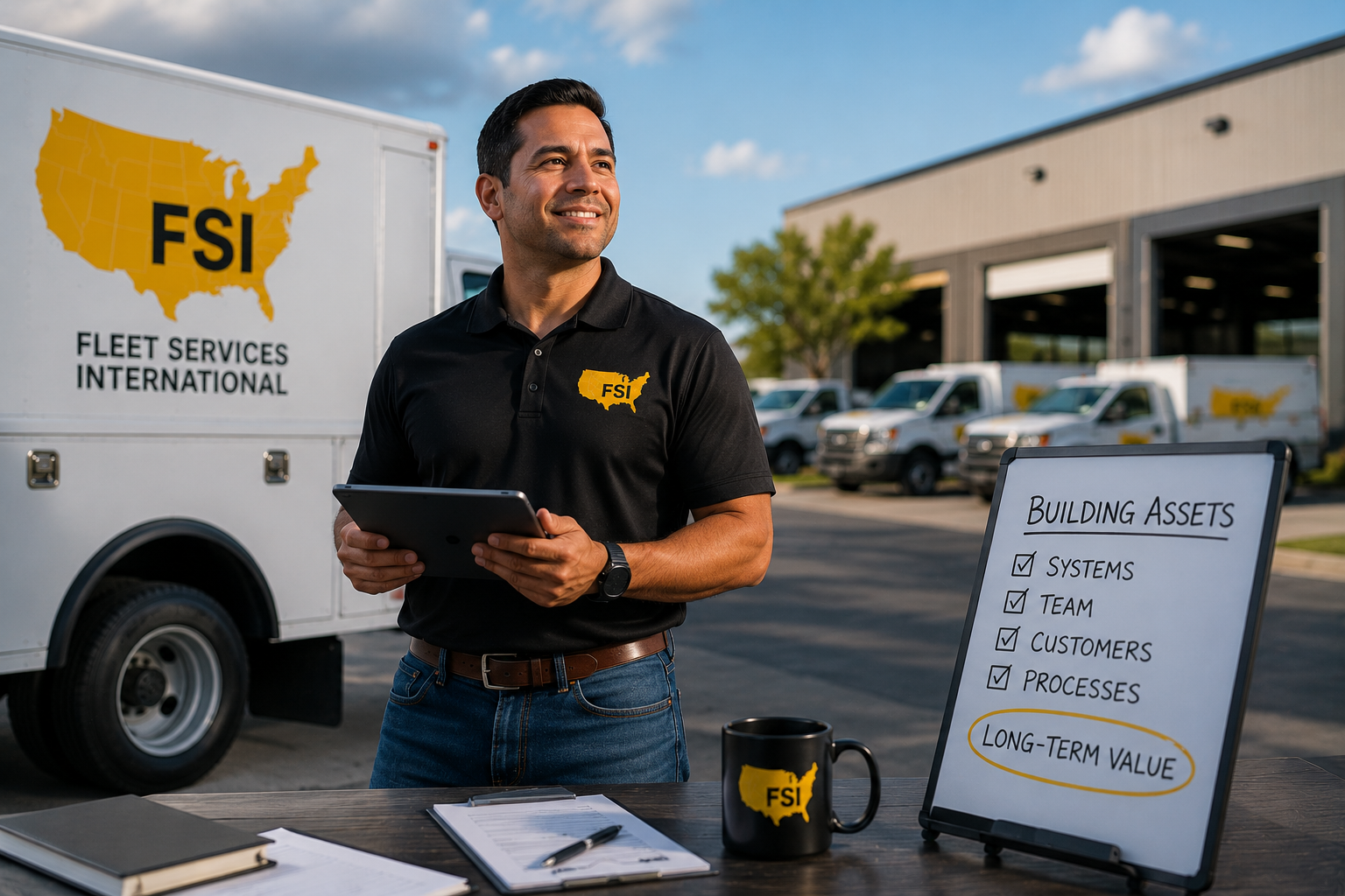 Man in black polo holding a tablet beside a Fleet Services International truck and whiteboard sign outdoors