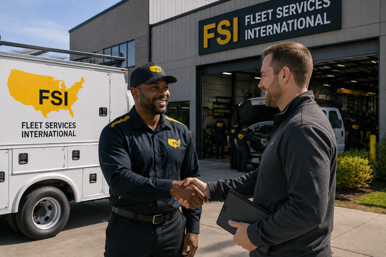 Two men shake hands outside Fleet Services International trucks and building
