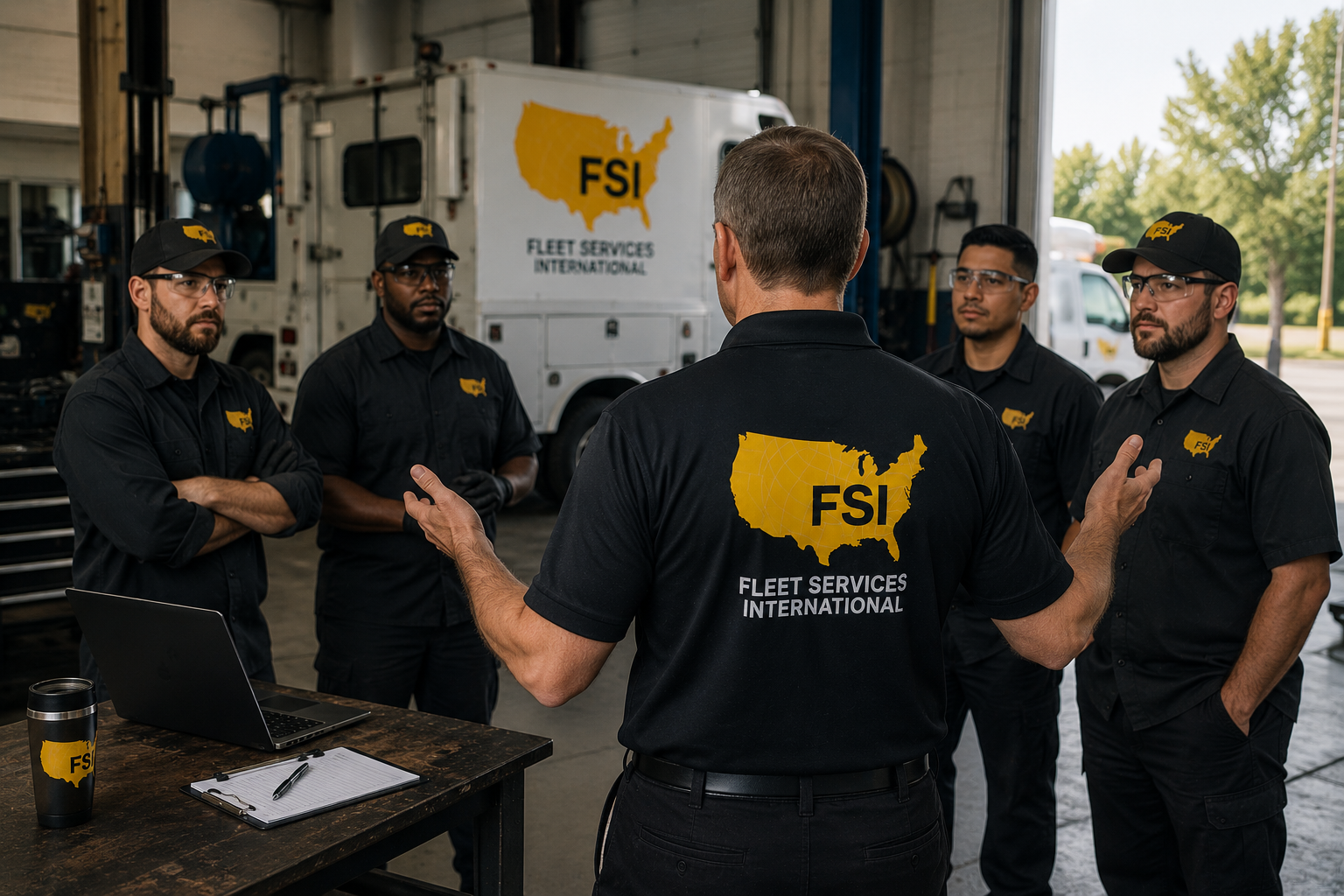 Five workers in black FSI uniforms stand in a warehouse, listening to a man giving instructions.