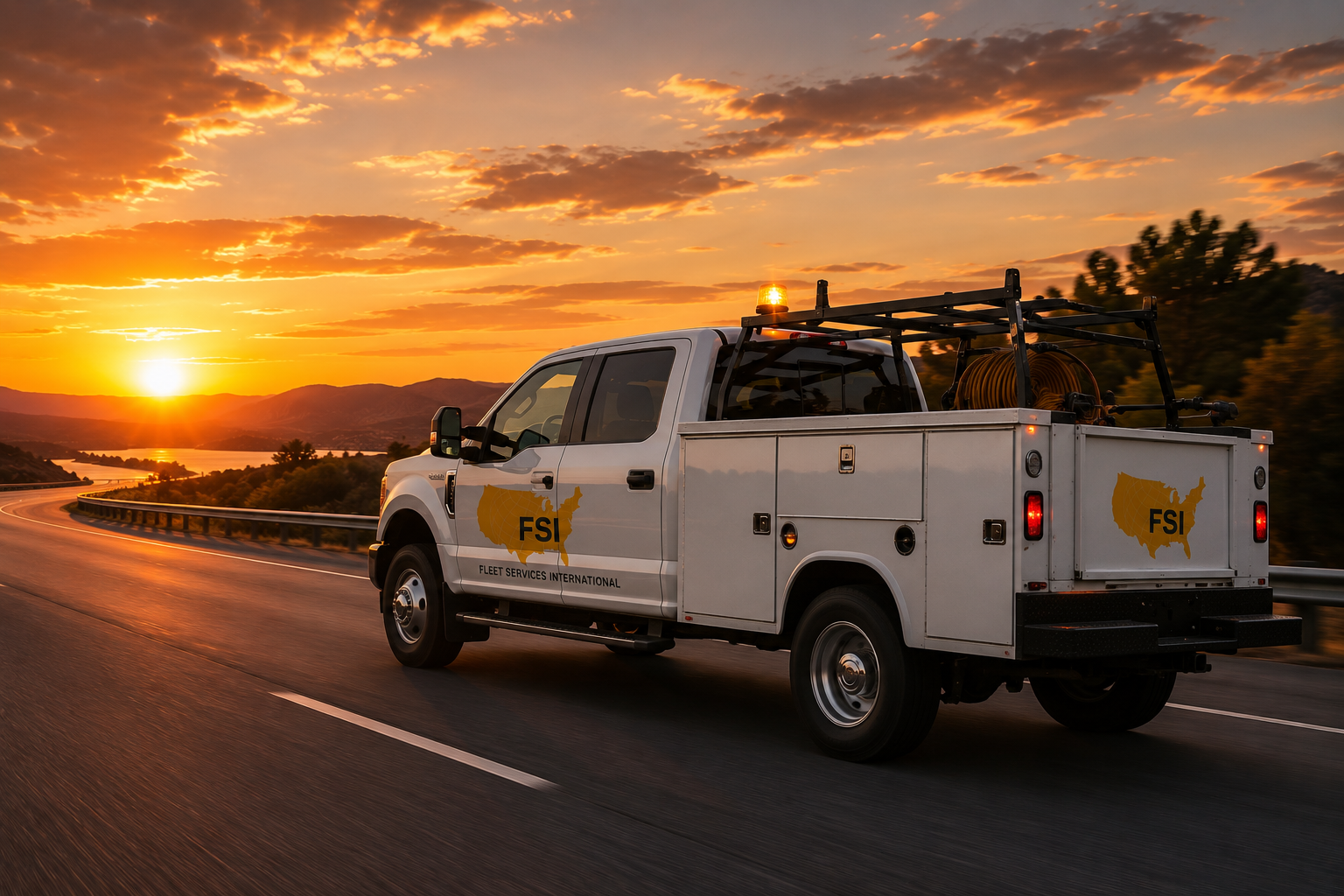 White utility truck driving on a road at sunset, with orange sky and mountains in the distance