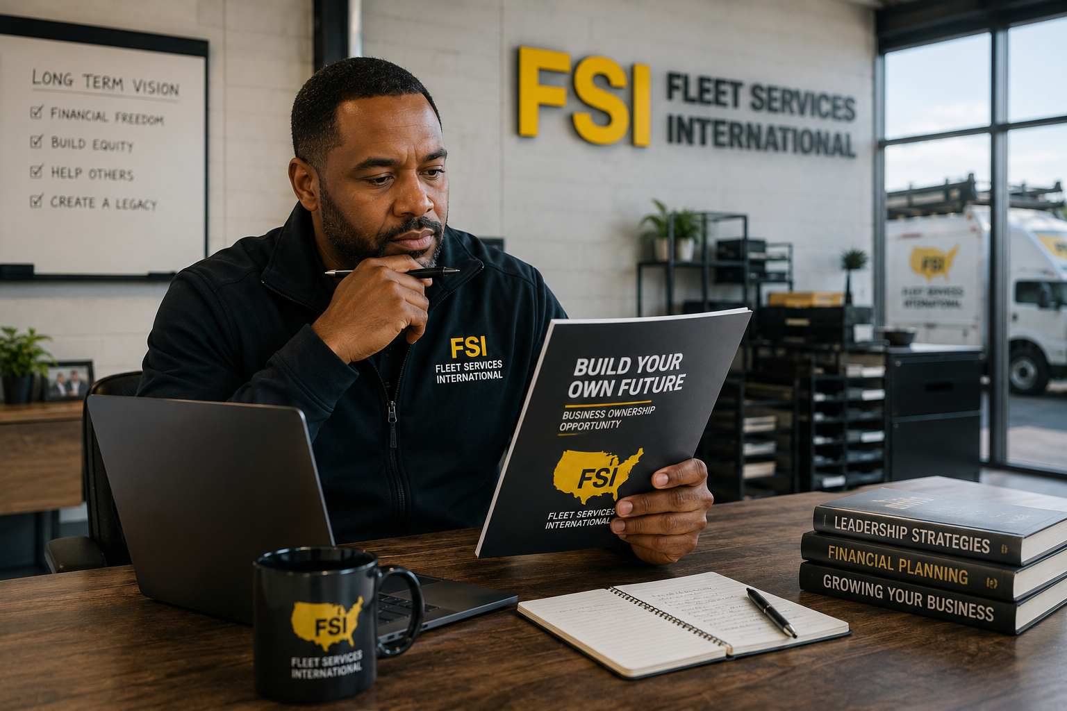 Man reading a brochure at an office desk with FSI Fleet Services International branding behind him