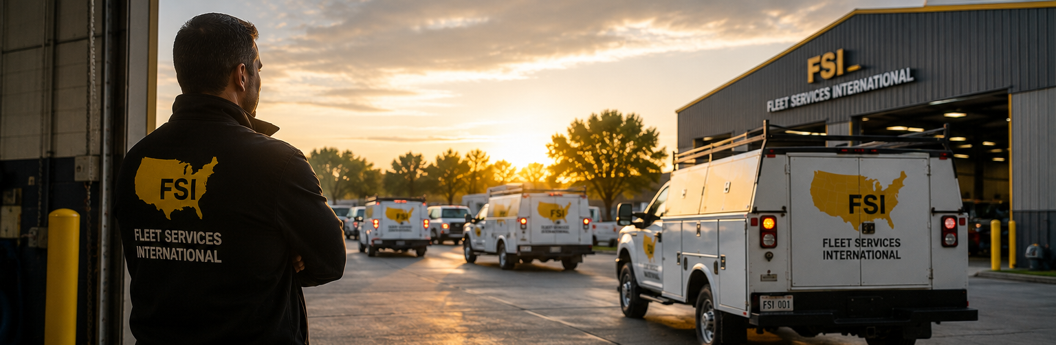 FSI trucks and a worker in a depot at sunset, with a warm sky and parked white vans.