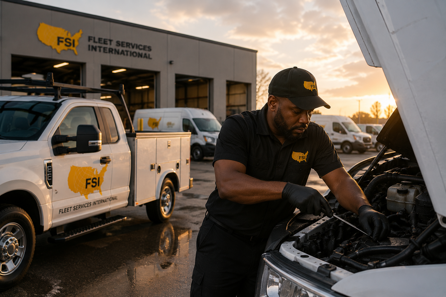 Fleet service worker repairing a vehicle beside branded service trucks at sunset