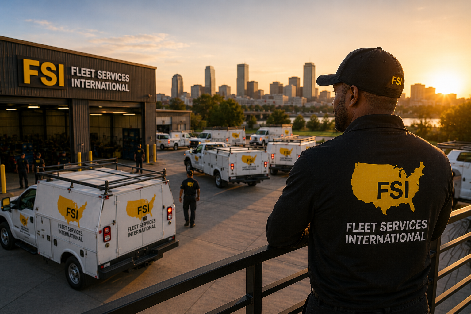 FSI fleet service workers and vans at sunset with city skyline in the background