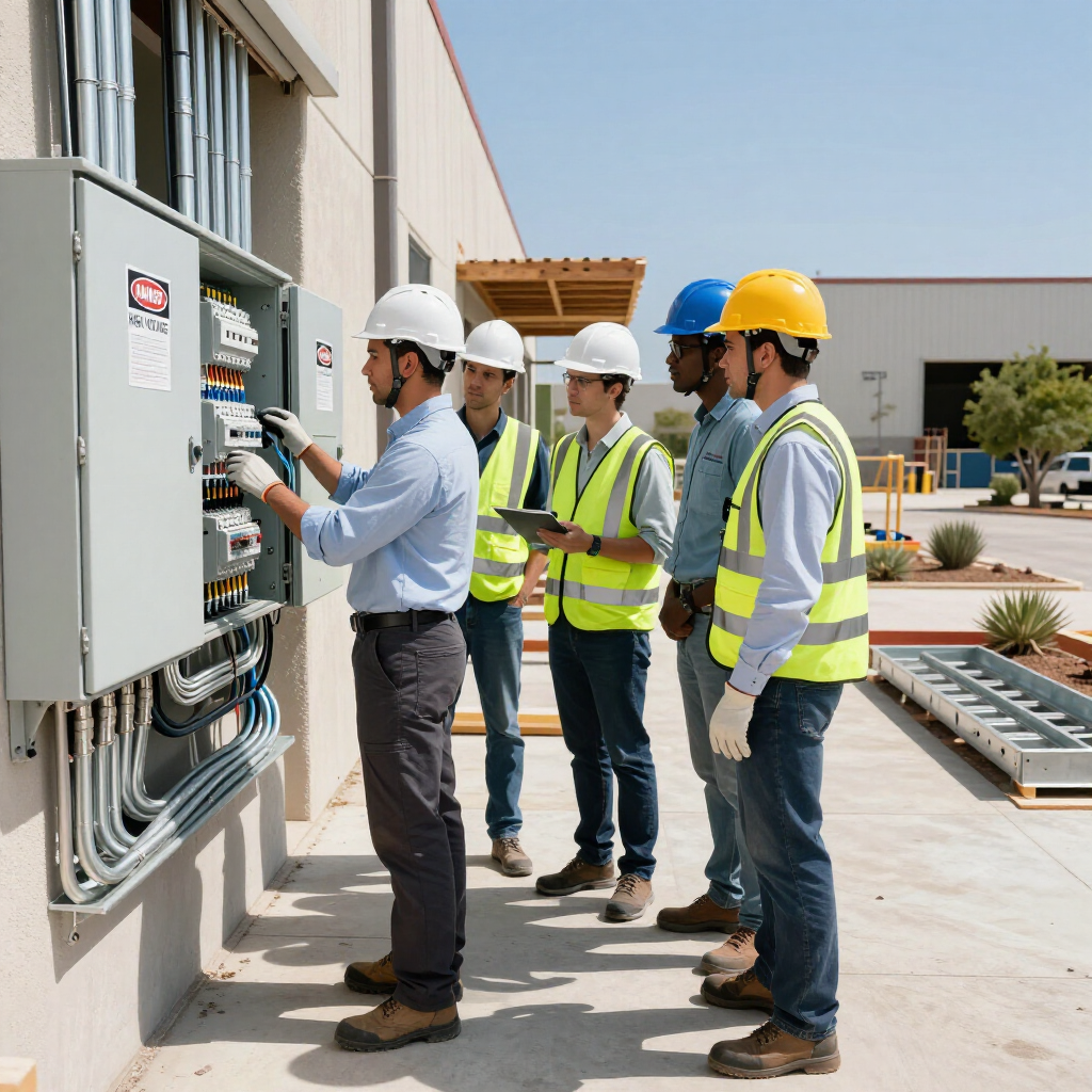 Workers in hard hats inspect an electrical control panel outside a building