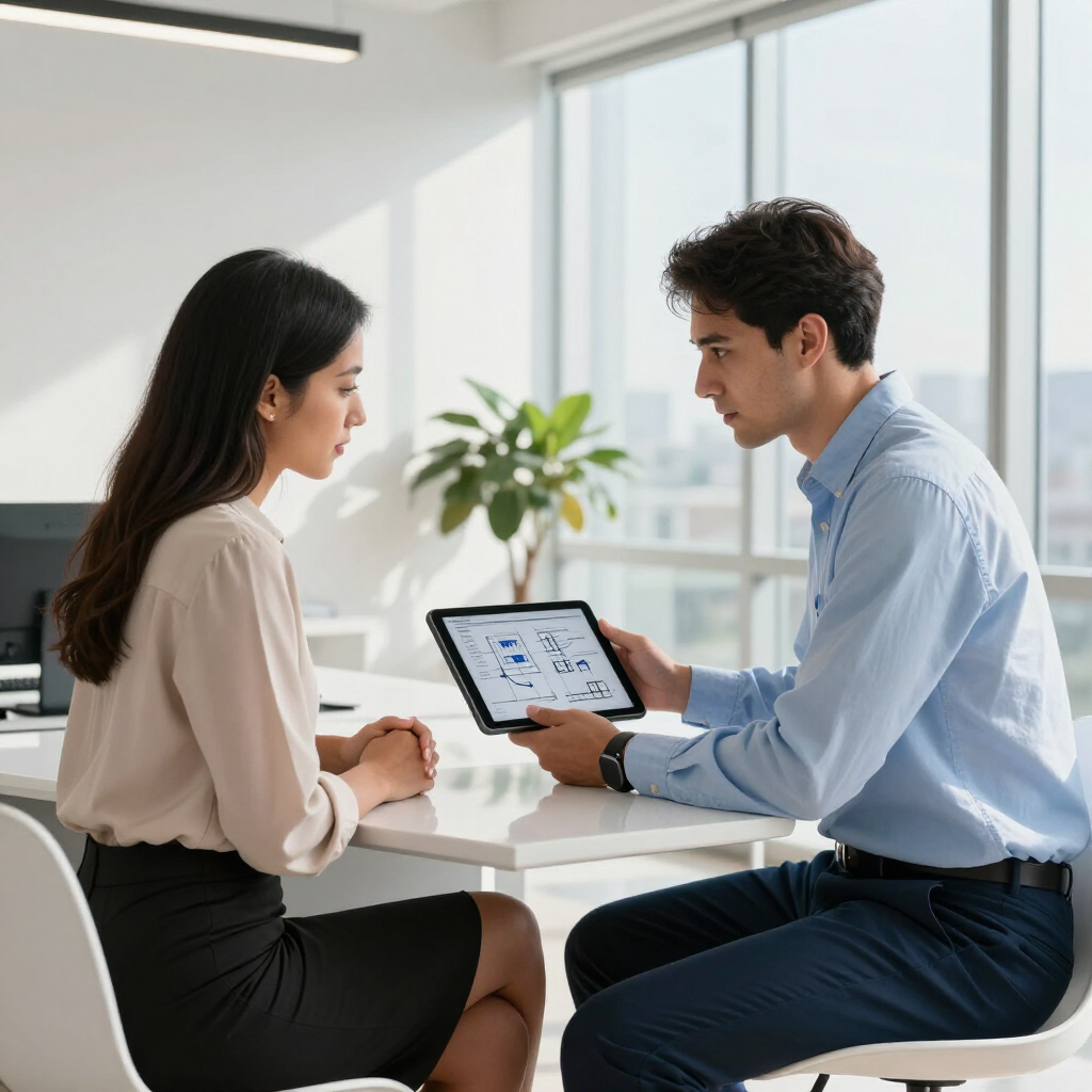 Two people in a bright office discussing a tablet together
