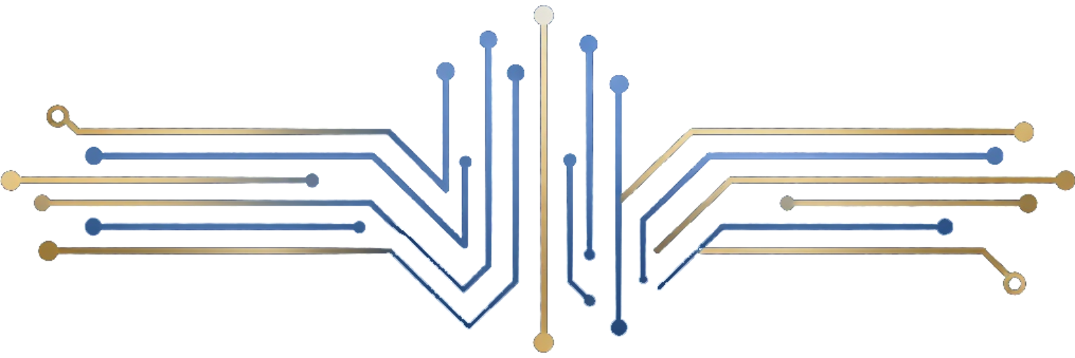 Stylized blue and gold circuit lines converging toward a central vertical line on white background