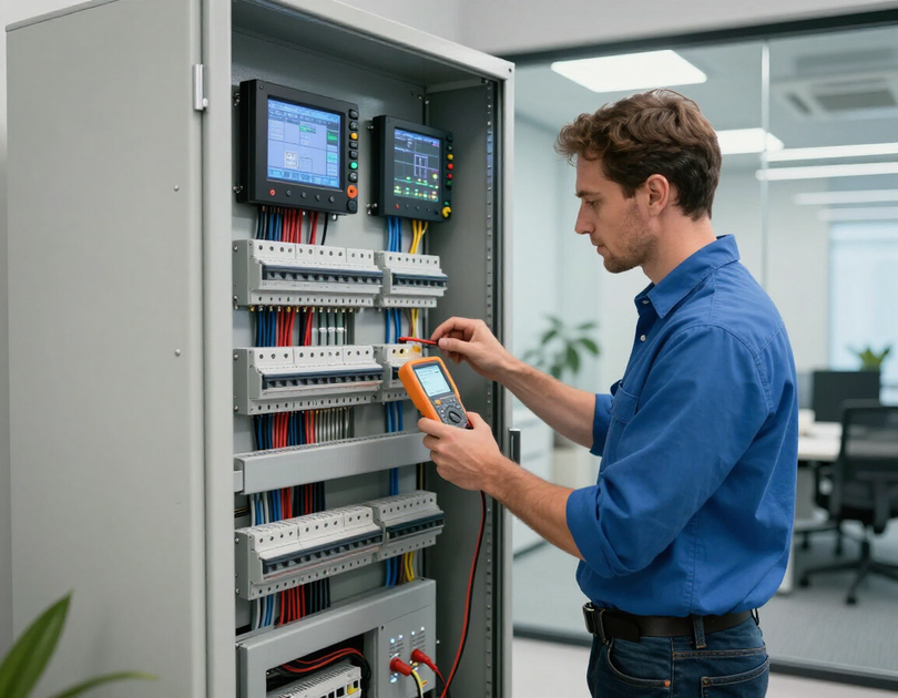 Technician using a tablet to inspect wiring in an electrical control cabinet