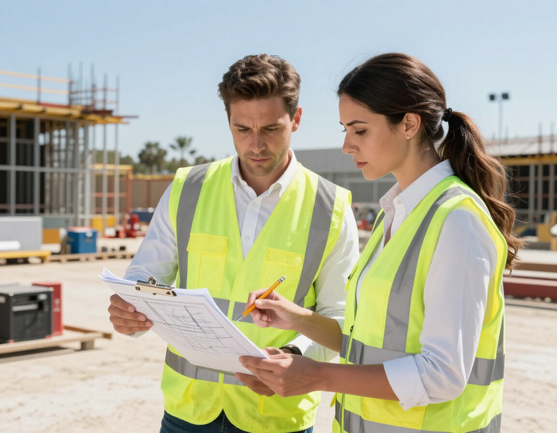 Two construction workers in neon safety vests reviewing plans at a building site.