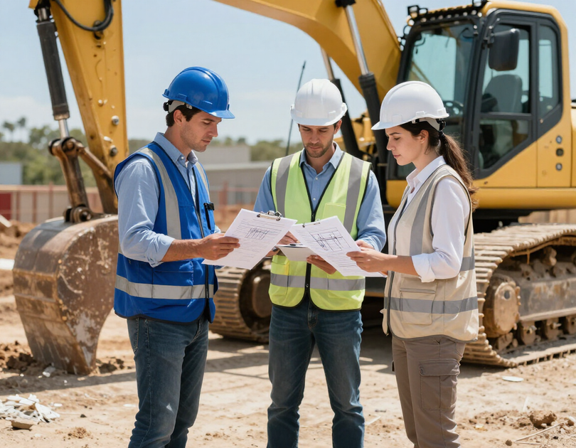 Three construction workers in hard hats review plans at a building site with an excavator.
