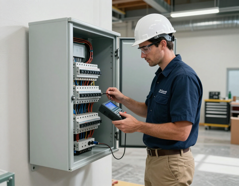 Technician in hard hat using a tablet to inspect an open electrical control panel
