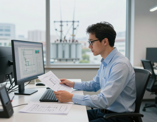 Person reviewing paperwork at a desk with a computer in a bright office