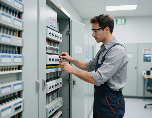 Technician adjusting electrical control panel in a bright industrial room
