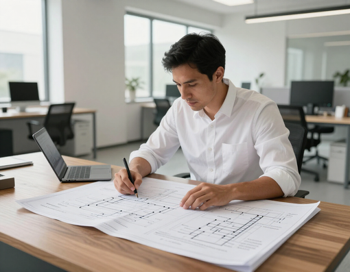 Person writing on papers at a desk in a bright office with a laptop nearby