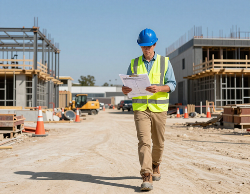 Construction worker in blue hard hat and neon vest reading plans at a building site