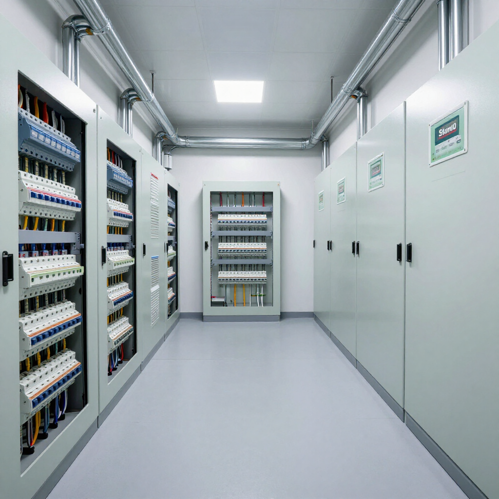 Bright electrical control room with open panels on the left and gray cabinets on the right.