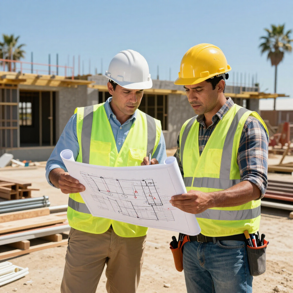 Two construction workers in hard hats review blueprints at a building site.