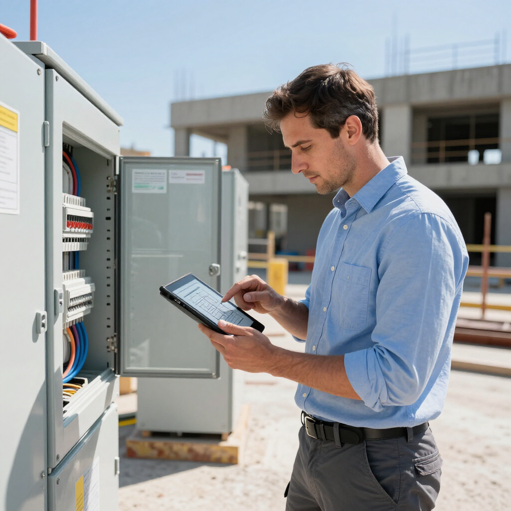 Technician using a tablet beside an open electrical panel outdoors at a utility site