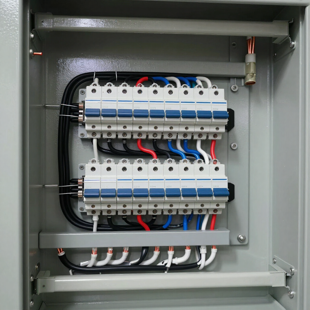 Electrical control panel with rows of circuit breakers and red, blue, and black wiring.