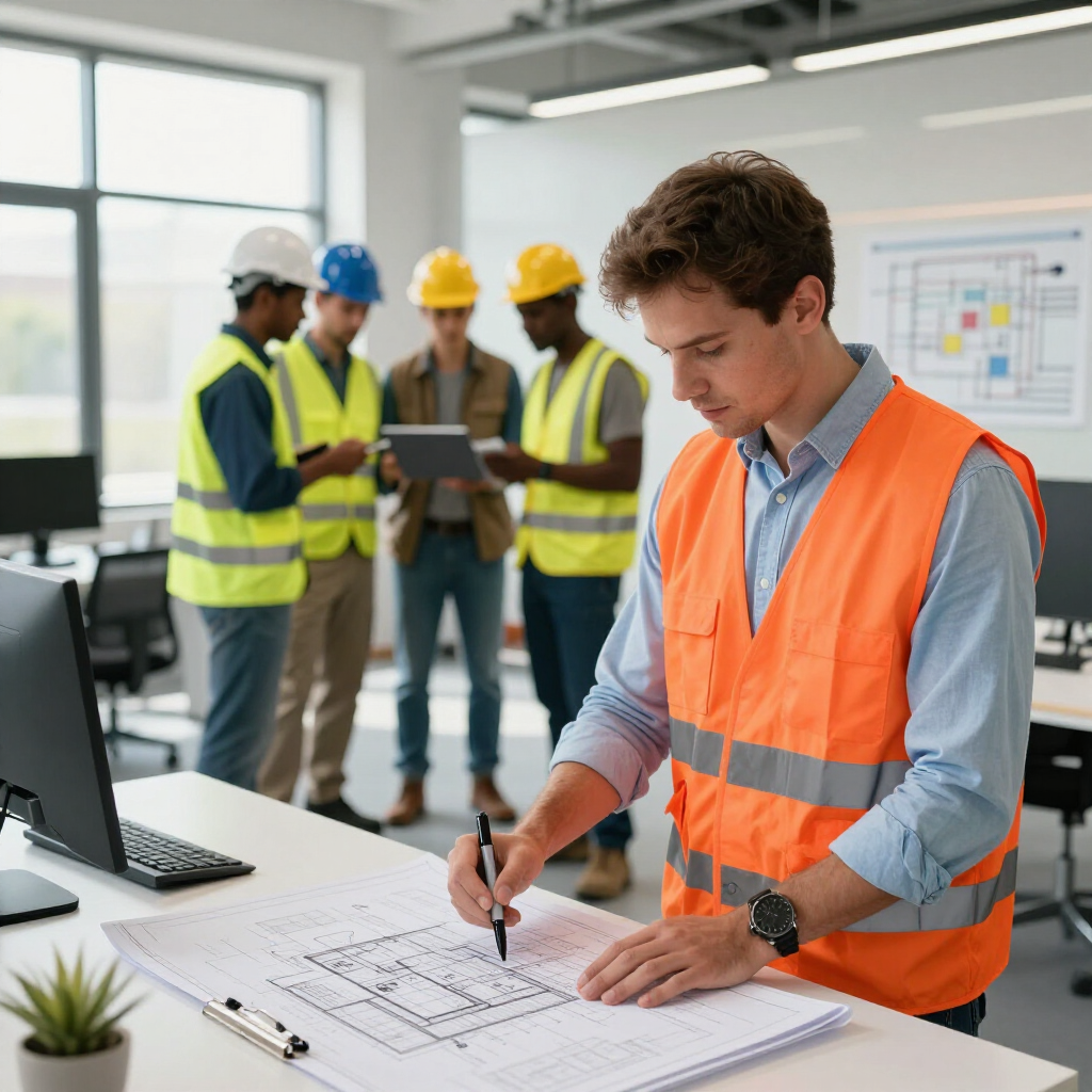 Engineer in orange safety vest marking plans at a desk with coworkers in hard hats behind him