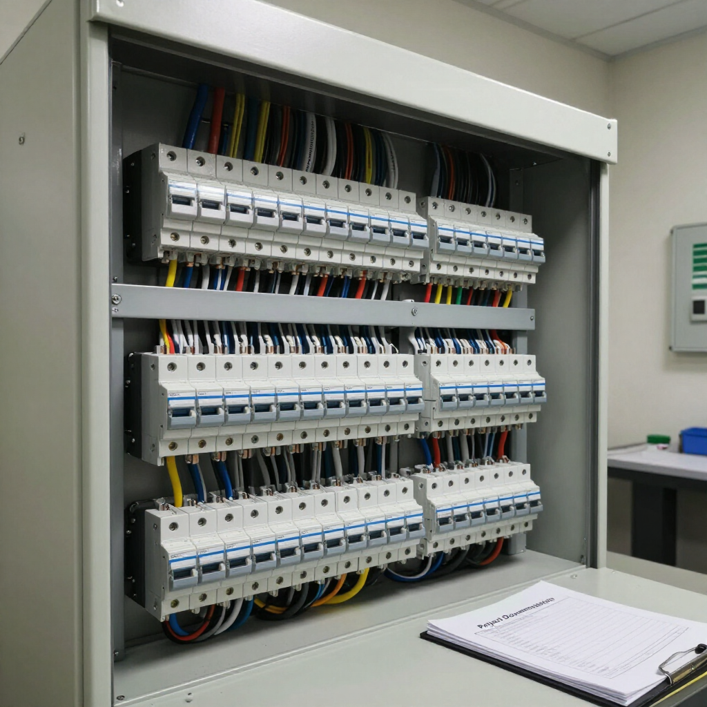Open electrical control panel with rows of circuit breakers and wiring, with a notebook on the shelf.