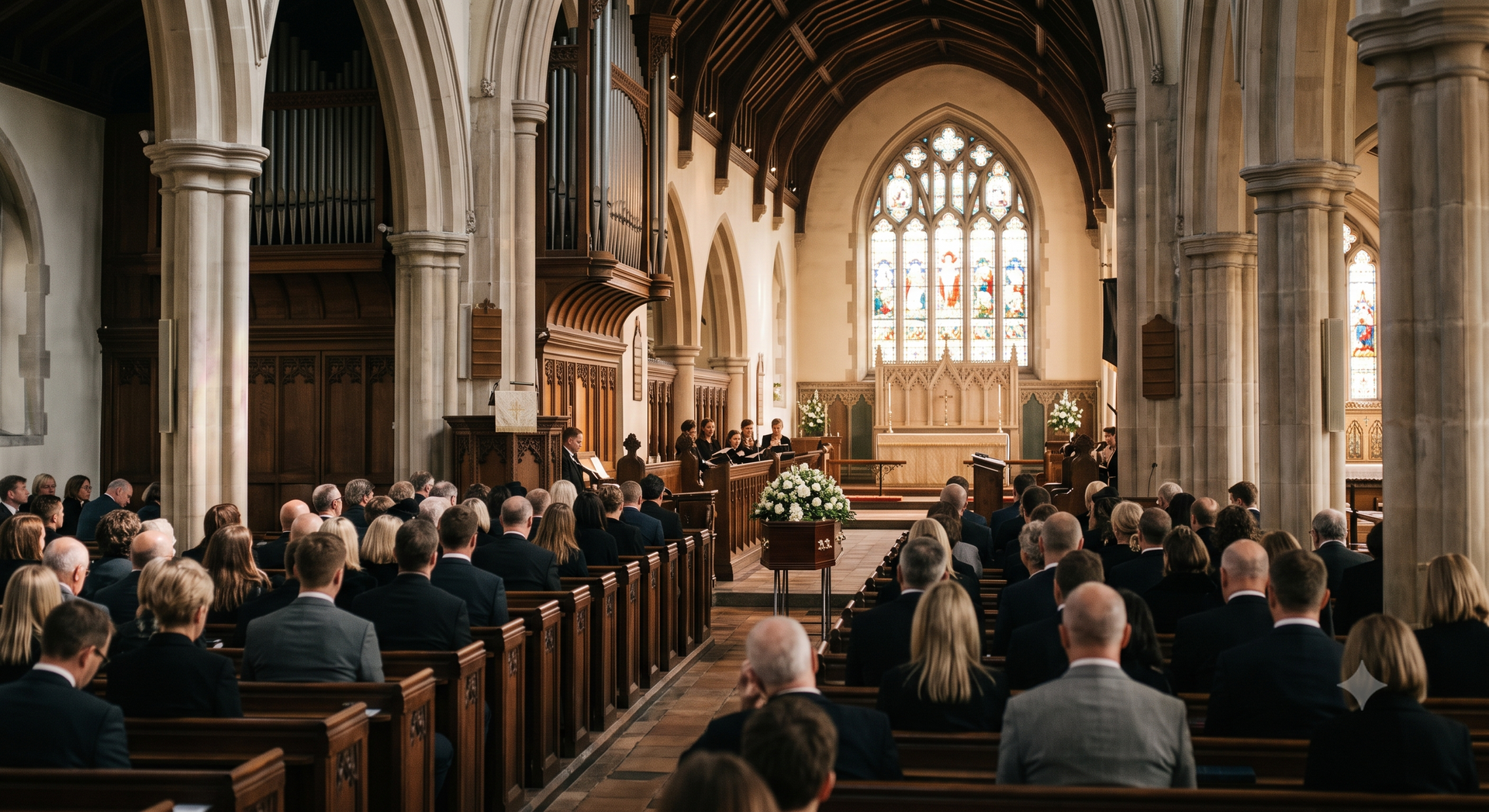 Packed congregation seated in a stone church nave during a ceremony, with an altar and stained glass ahead