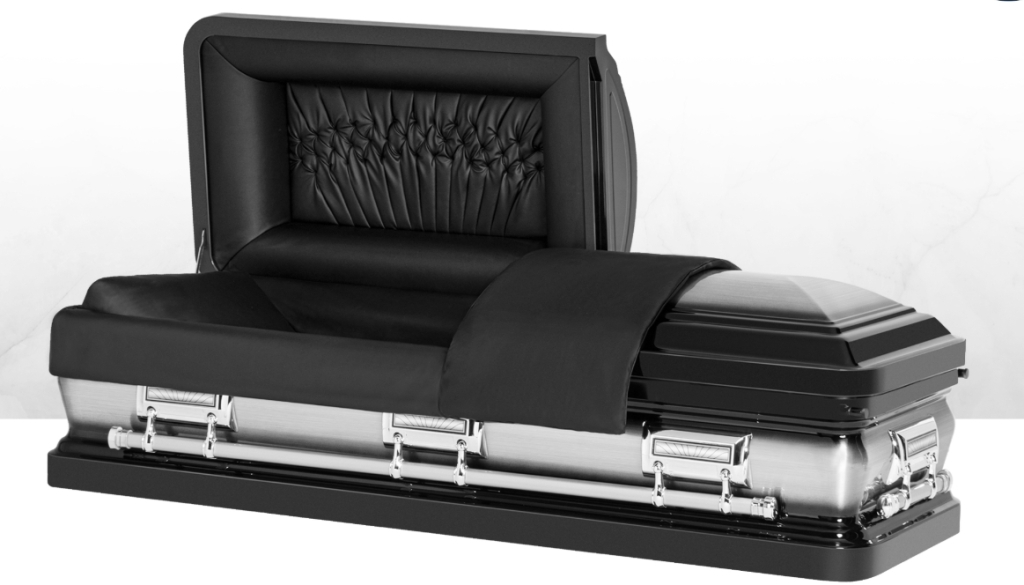 Black-and-silver casket with an open lid and padded interior