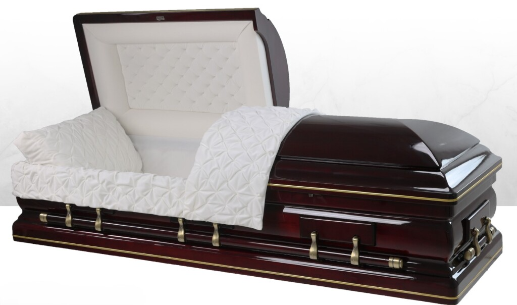 White and dark wood casket with quilted white lining, shown open on a plain background