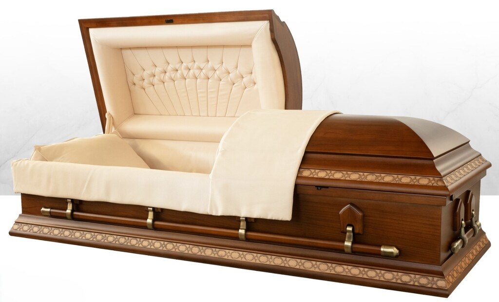 Open casket with beige interior and polished wood exterior on a matching base.