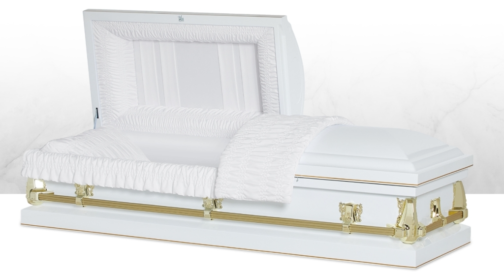 White coffin with open lid, lined in satin and gold trim, on a plain background