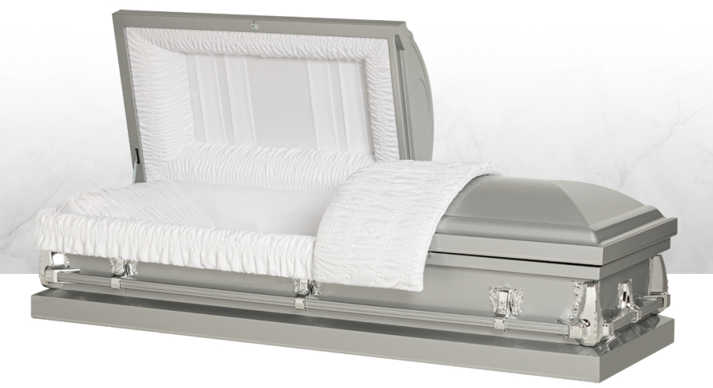White casket with open lid, white interior lining, and silver trim on a plain background