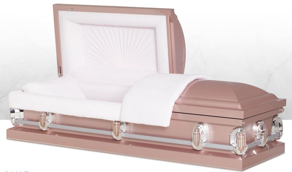 Pink casket with white interior and silver handles, shown open on a plain white background