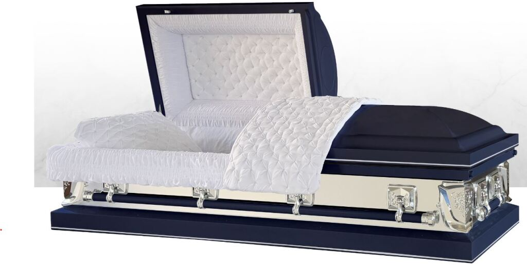 Open coffin with white satin lining and dark blue exterior