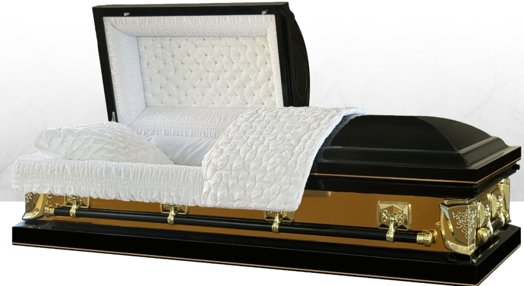 Black and gold open casket with white satin lining