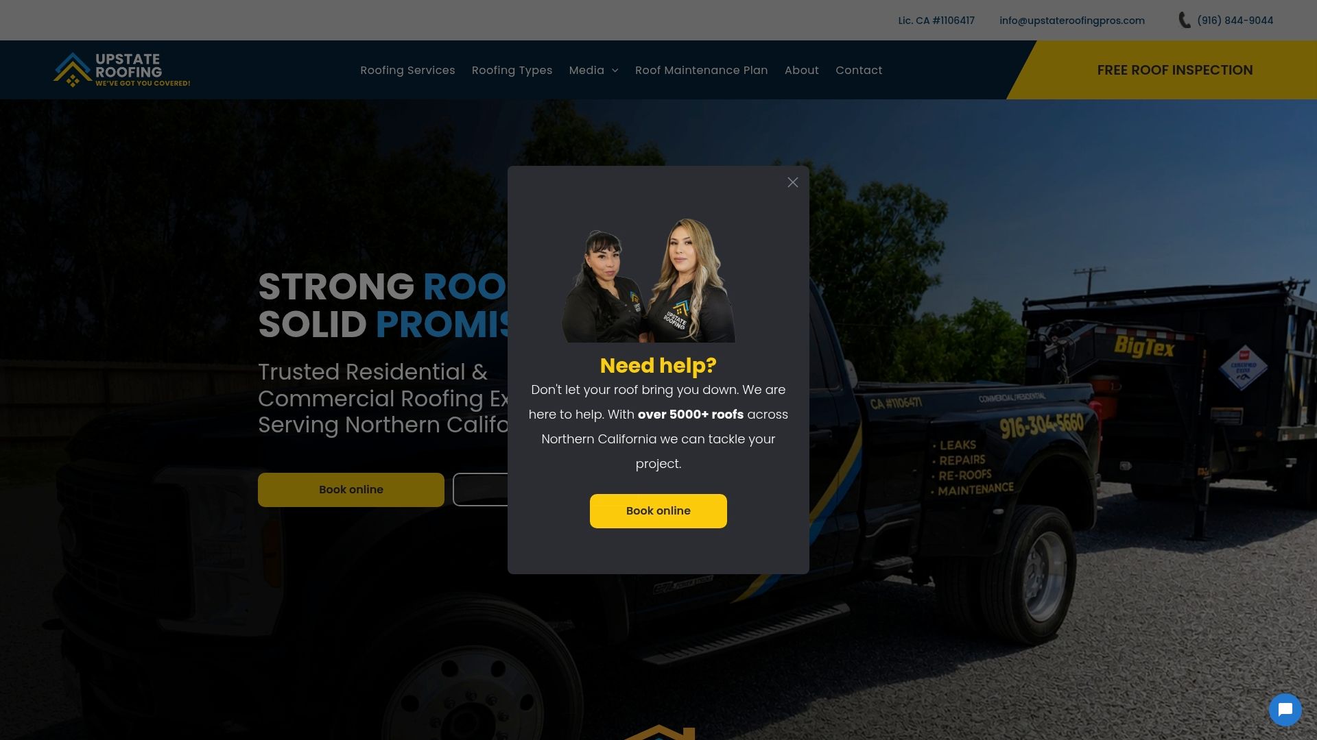Website homepage with dark truck background and centered pop-up signup dialog over yellow call-to-action button