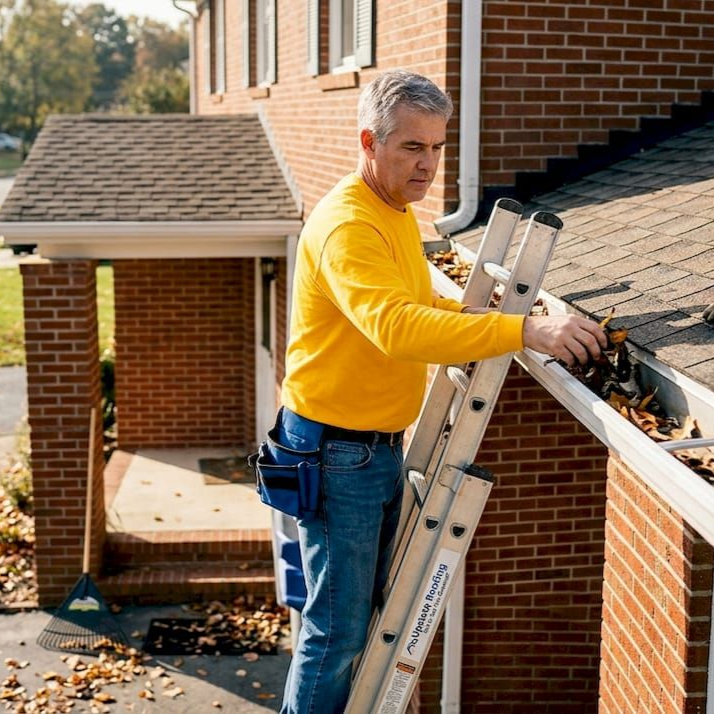 Worker in yellow shirt cleaning roof gutters beside a brick house with a ladder nearby.