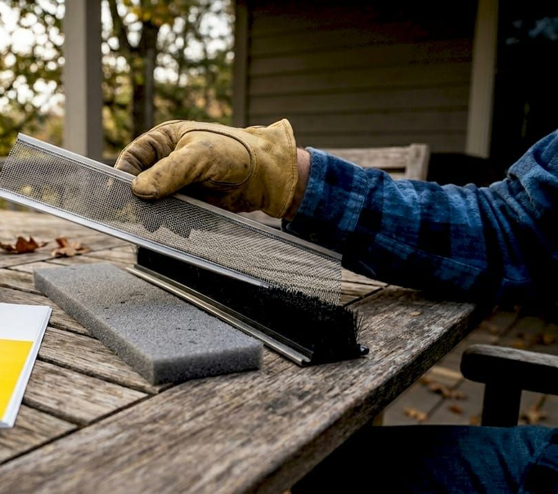 Gloved hand handling wire mesh and tools on a wooden table with a yellow instruction manual outdoors
