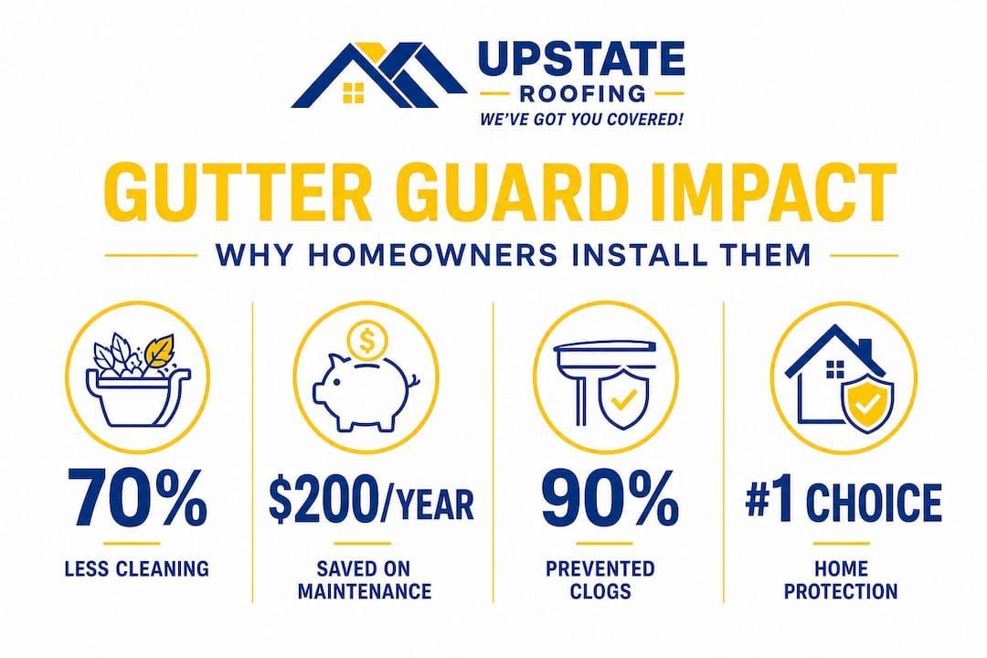 Infographic for Upstate Roofing: gutter guard benefits with 70% less cleaning, $200/year savings, 90% fewer clogs, and #1 choice.