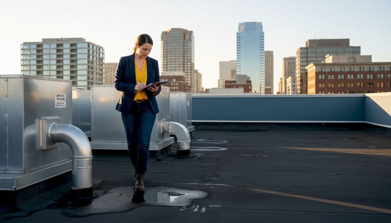 Person walking on a rooftop with city buildings in the background, near large ventilation pipes.