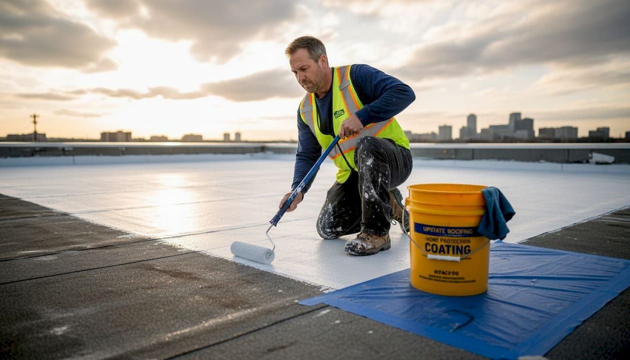 Worker painting a waterfront surface with a roller beside a yellow paint bucket at sunset