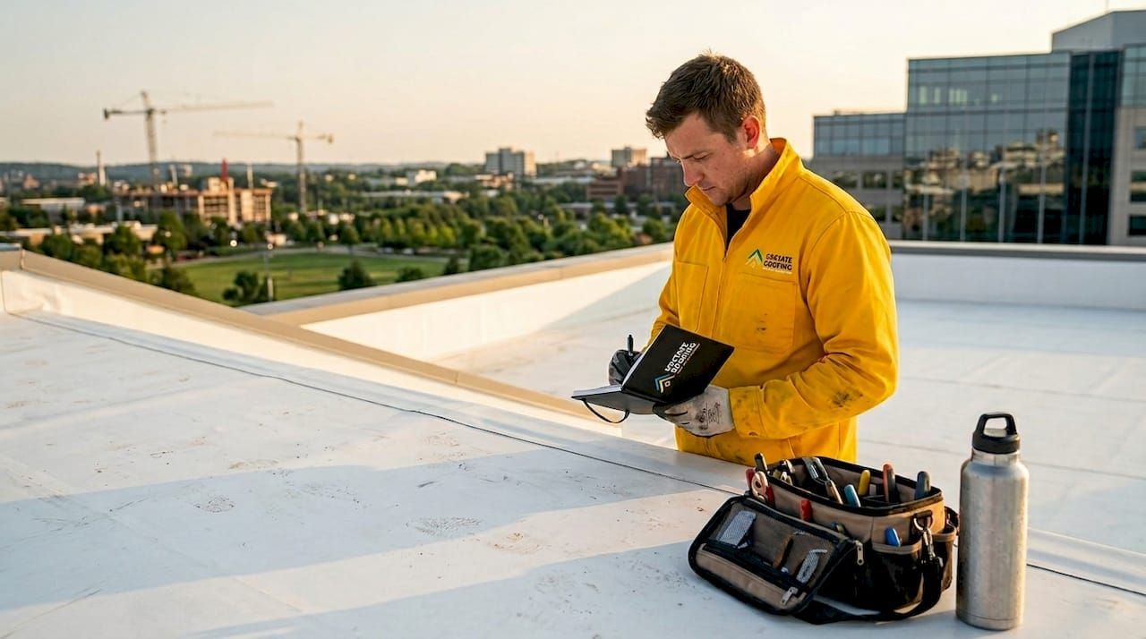 Worker in yellow jacket inspecting a white rooftop with tools and city buildings in the background