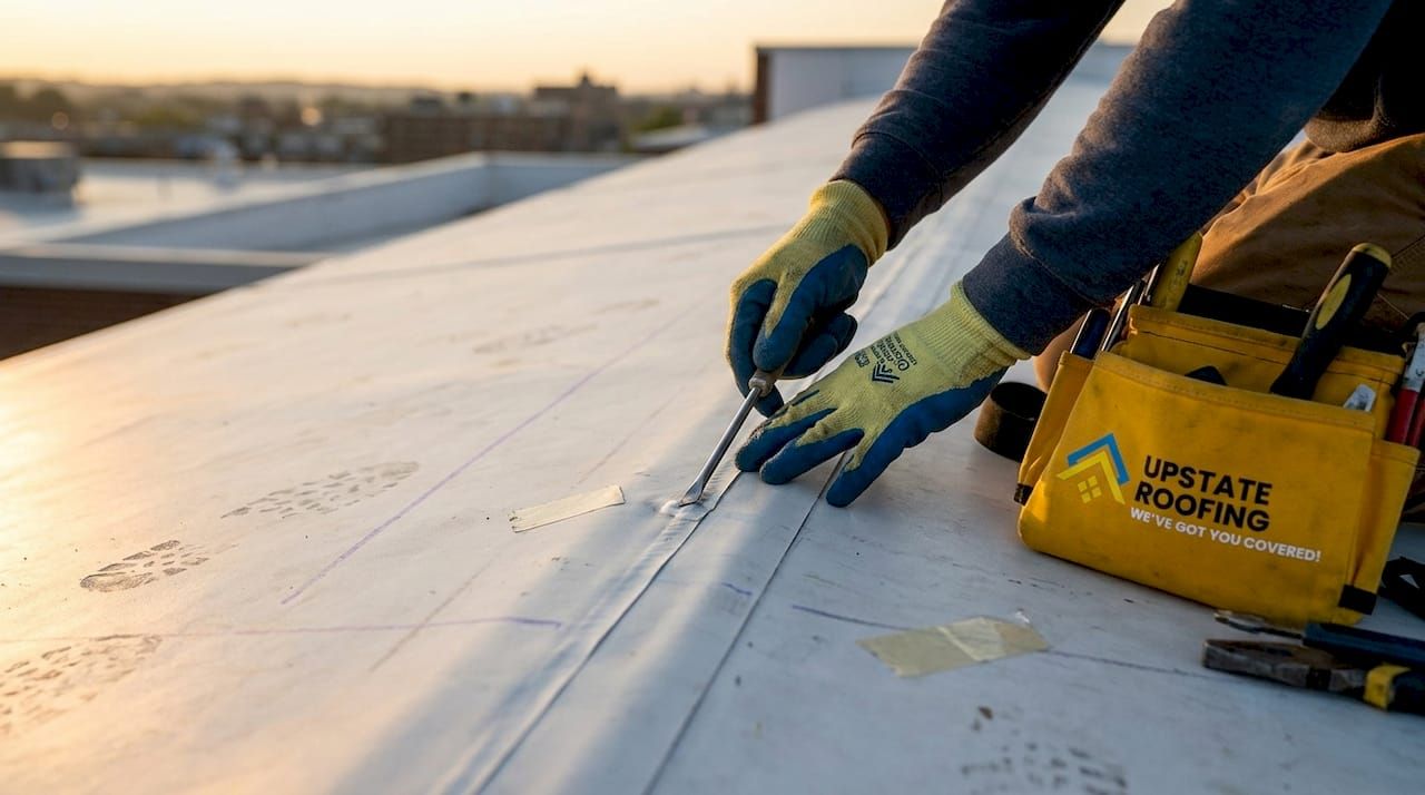 Gloved worker sealing a white rooftop seam with tools and a yellow roofing bag at sunset