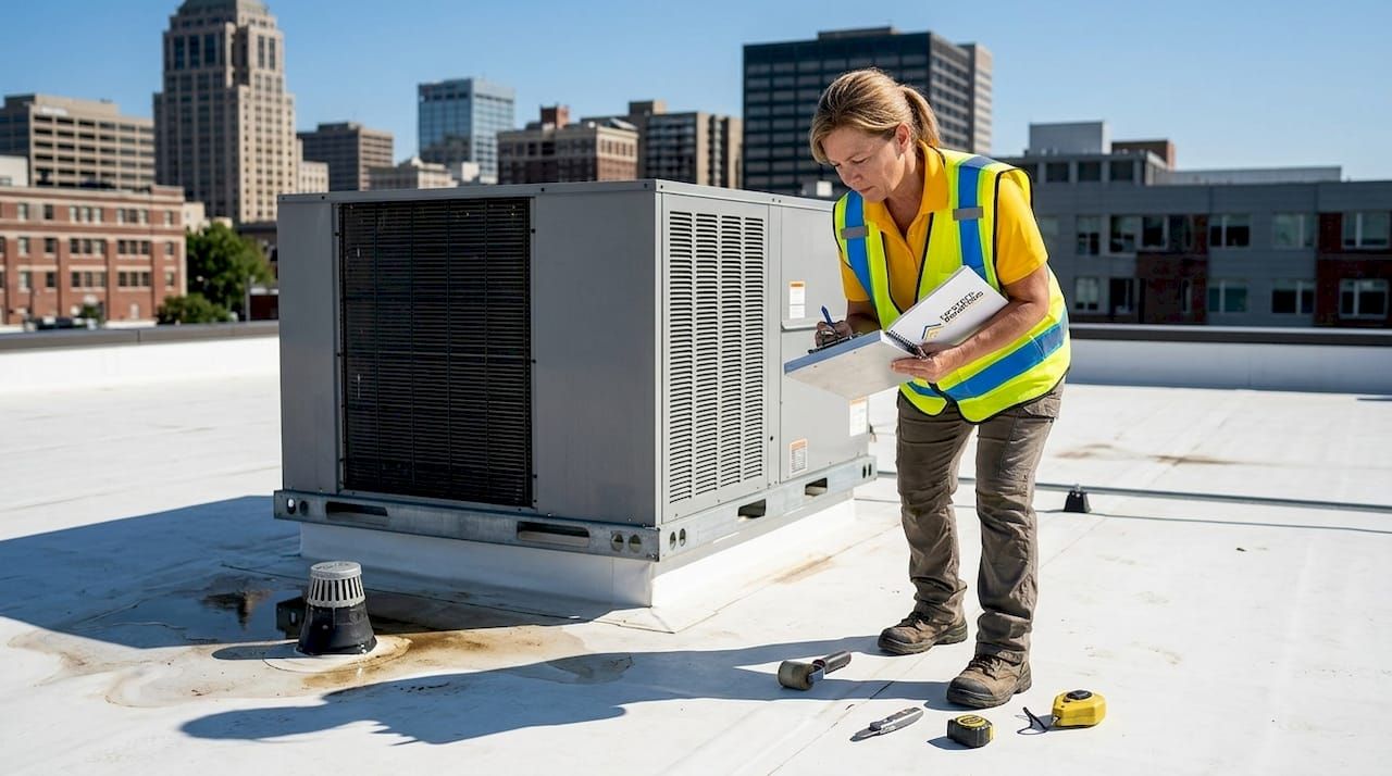 Worker in a reflective vest inspecting rooftop HVAC unit on a sunny city rooftop.
