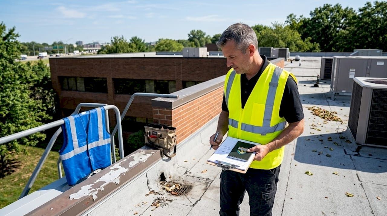 Worker in a neon safety vest inspecting a rooftop with tools and equipment nearby