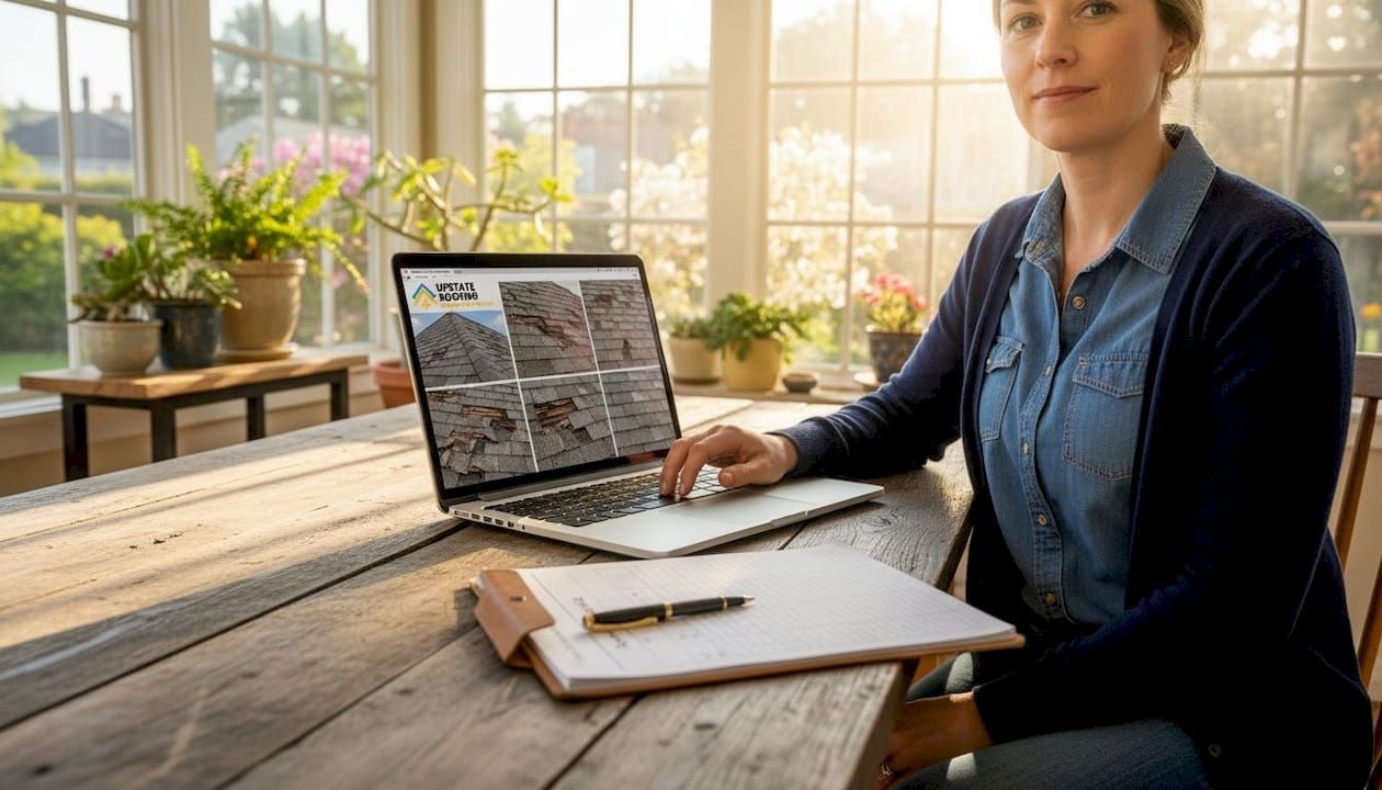 Person seated at a wooden desk using a laptop, with papers and pencils near a bright window and plants.