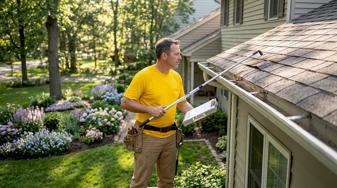 Man in a yellow shirt using a long-handled tool to clean house gutters beside a garden